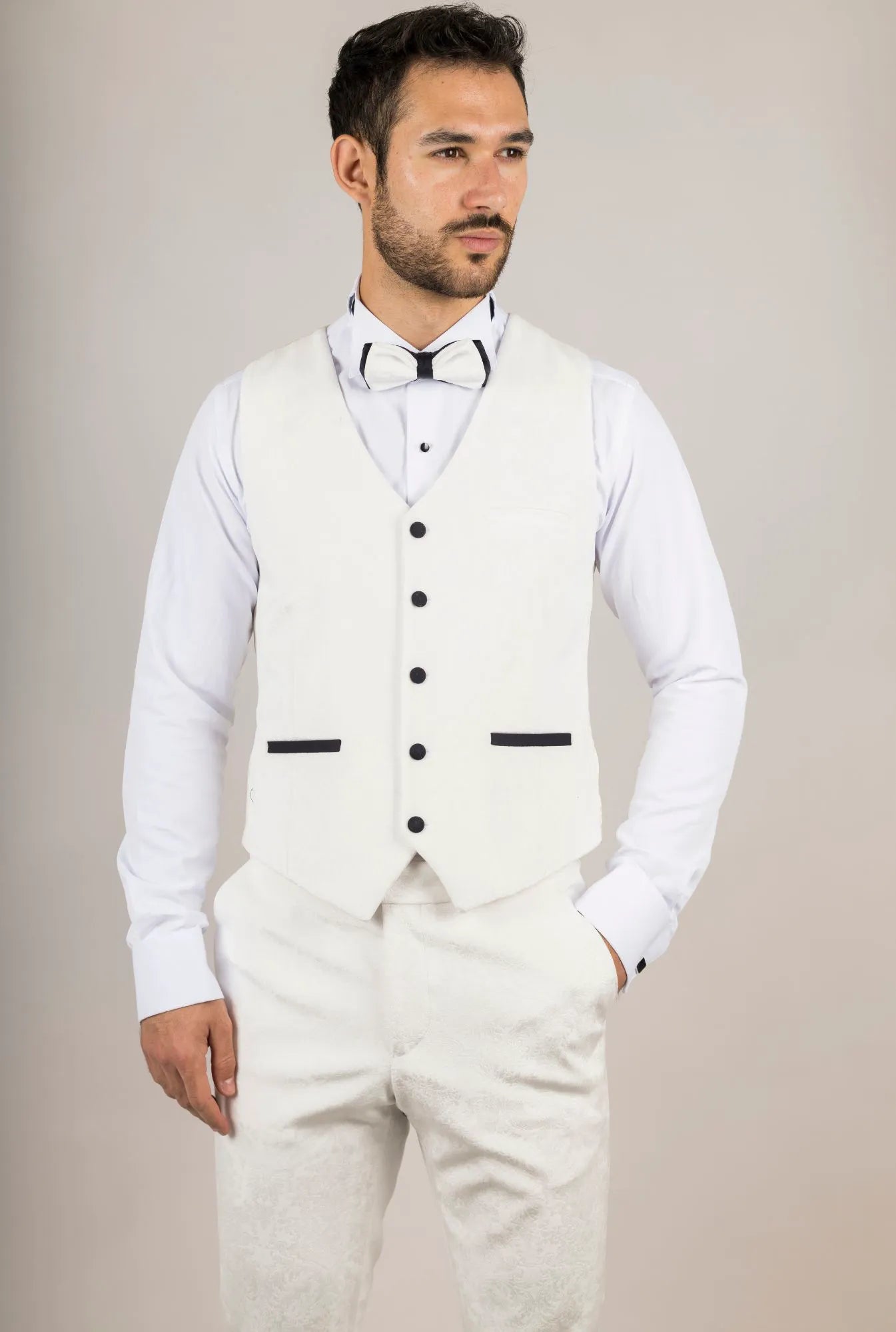 AK-24 Vit 3-delad sammetsbröllopssmoking med svarta slag, herr