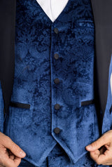 AK-27 Herrblå 3-delad sammetsbröllopssmoking med svarta satinslag