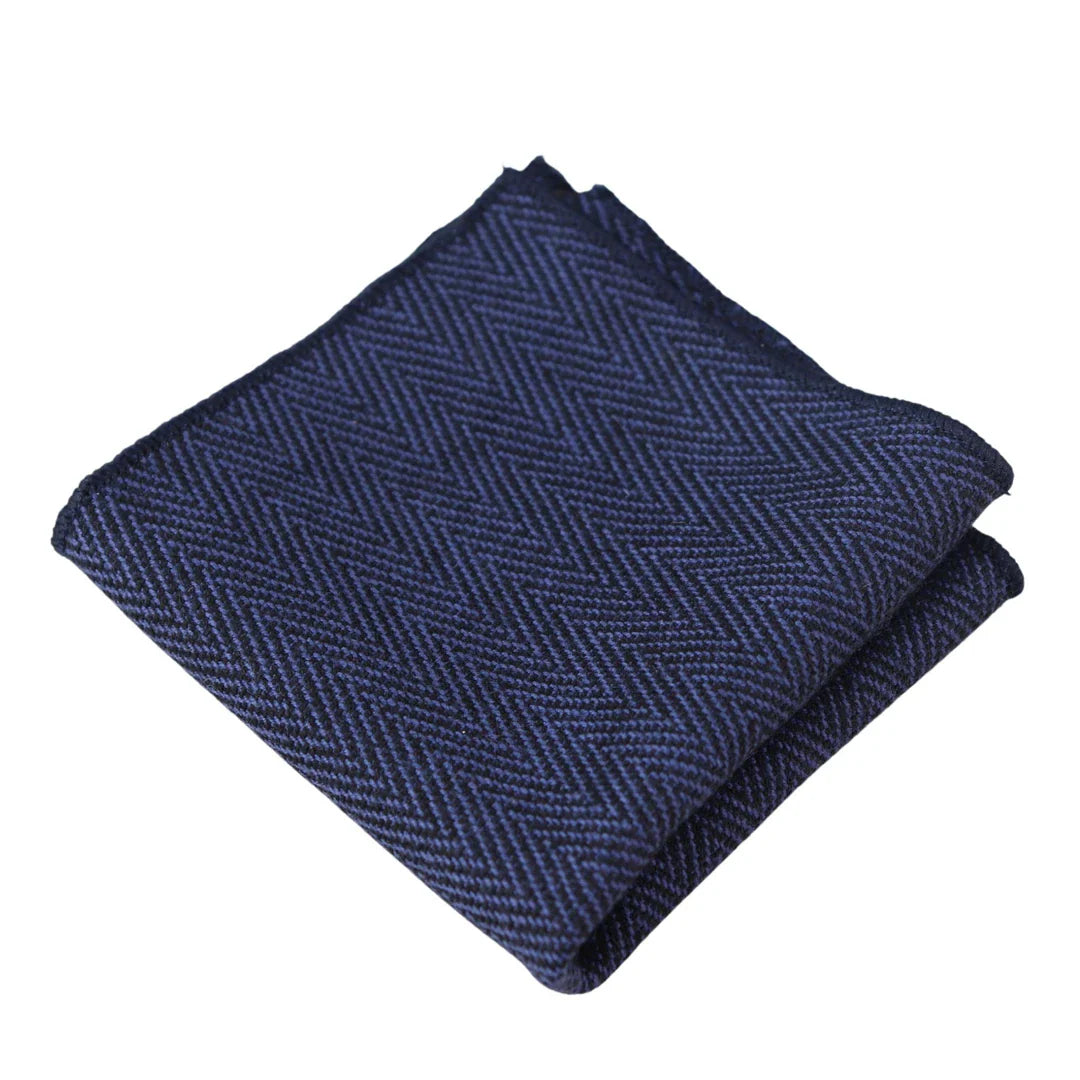 Herrset med slips och näsduk i tweed i blått fiskbensmönster