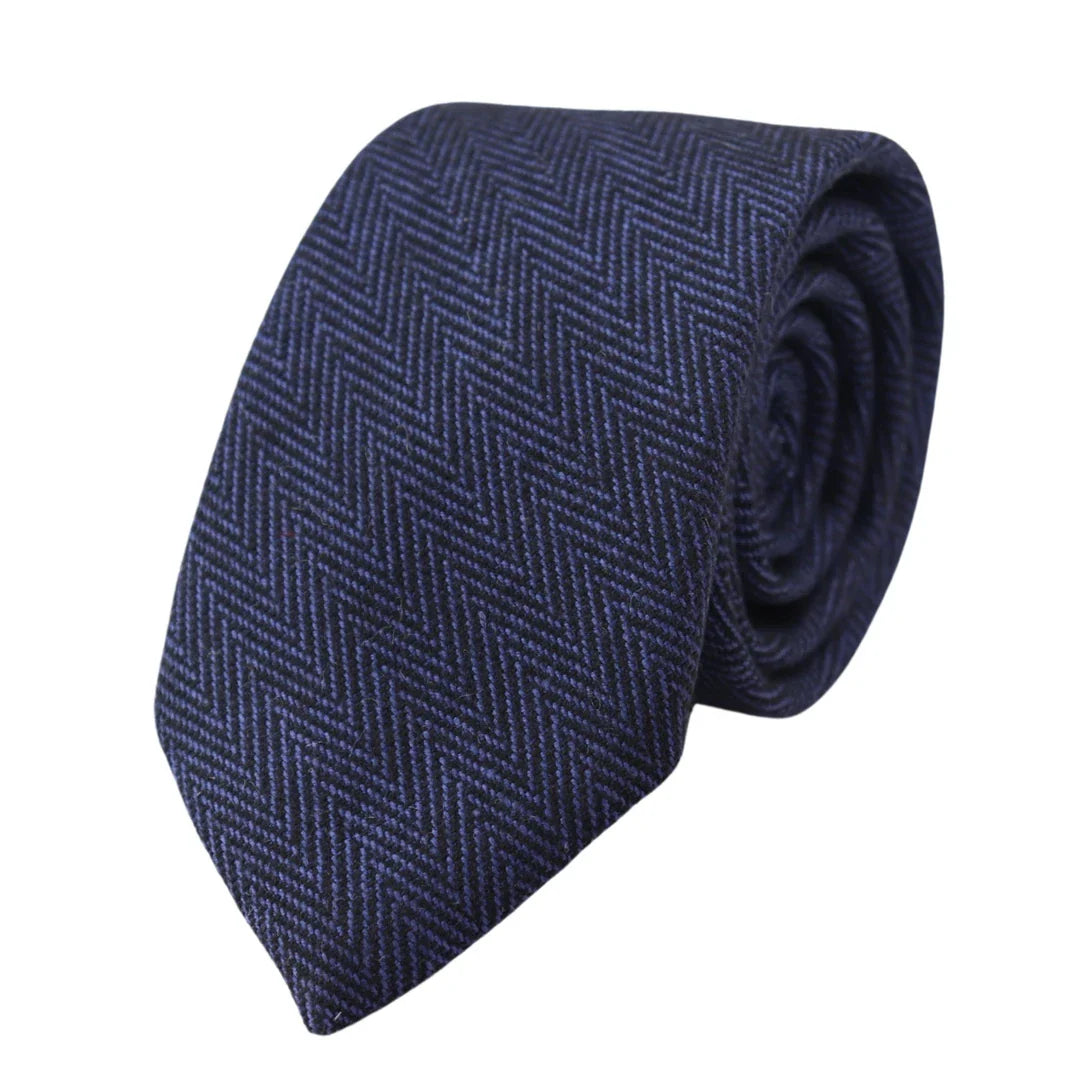 Herrset med slips och näsduk i tweed i blått fiskbensmönster