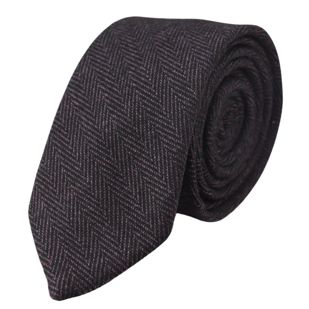 Herrset med slips och näsduk i tweed, plommonfärgat fiskbensmönster