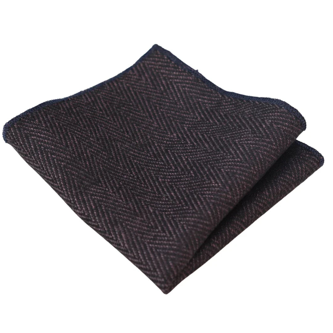 Herrset med slips och näsduk i tweed, plommonfärgat fiskbensmönster