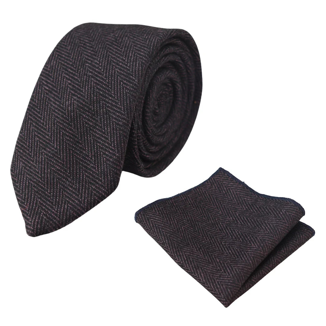 Herrset med slips och näsduk i tweed, plommonfärgat fiskbensmönster