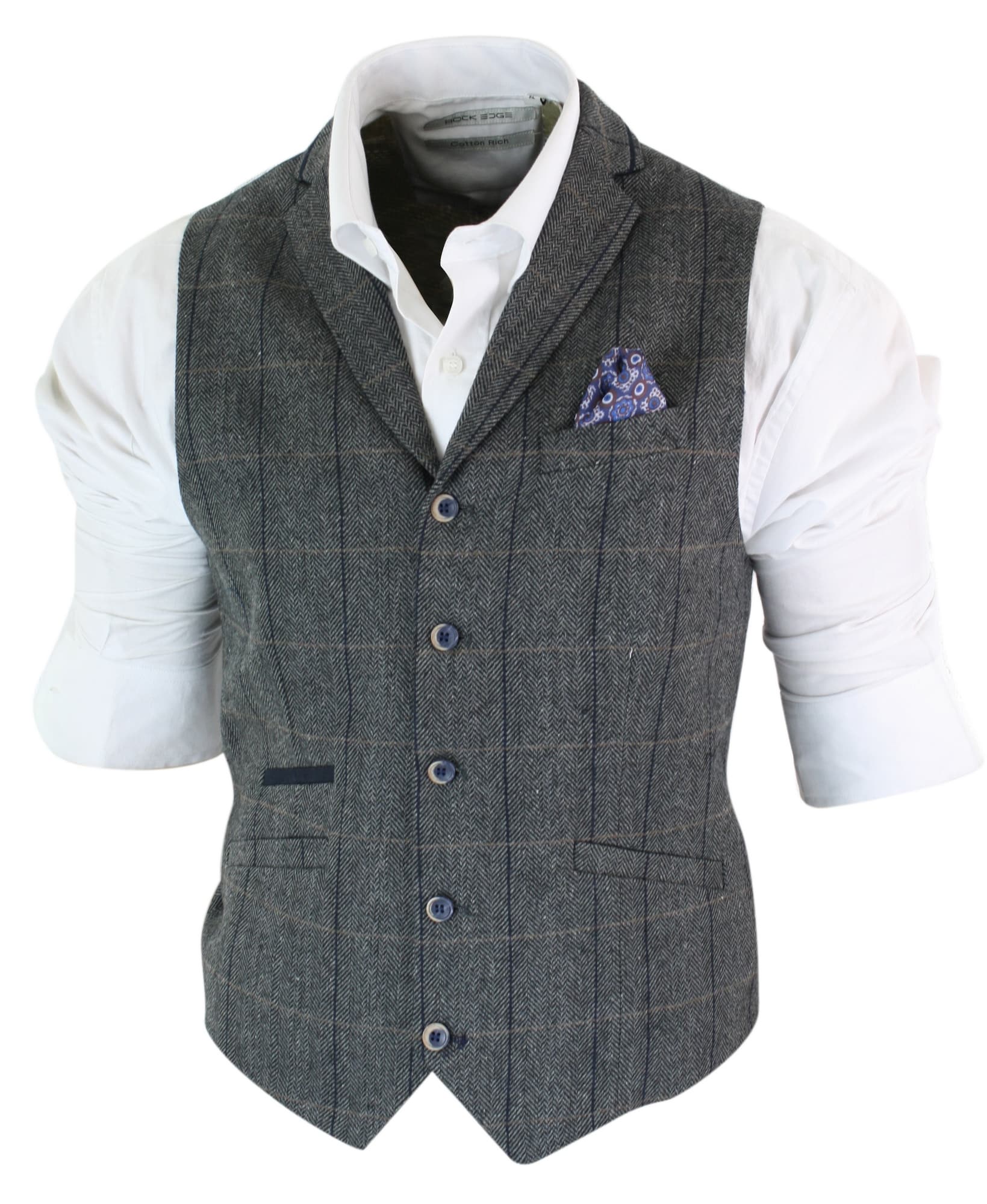 Cavani Albert - Herr Klassisk Tweed Fiskbensrutig Brun Grå Slim Fit Vintage Väst-Antracitgrå