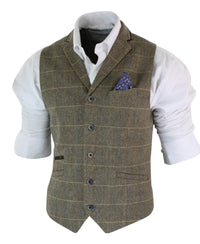 Cavani Albert - Herr Klassisk Tweed Fiskbensrutig Brun Grå Slim Fit Vintage Väst-Ljusbrun