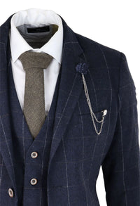 Marinblå rutig 3-delad kostym i ull, tweed, klassisk 1920-tals vintage, skräddarsydd passform, bröllop