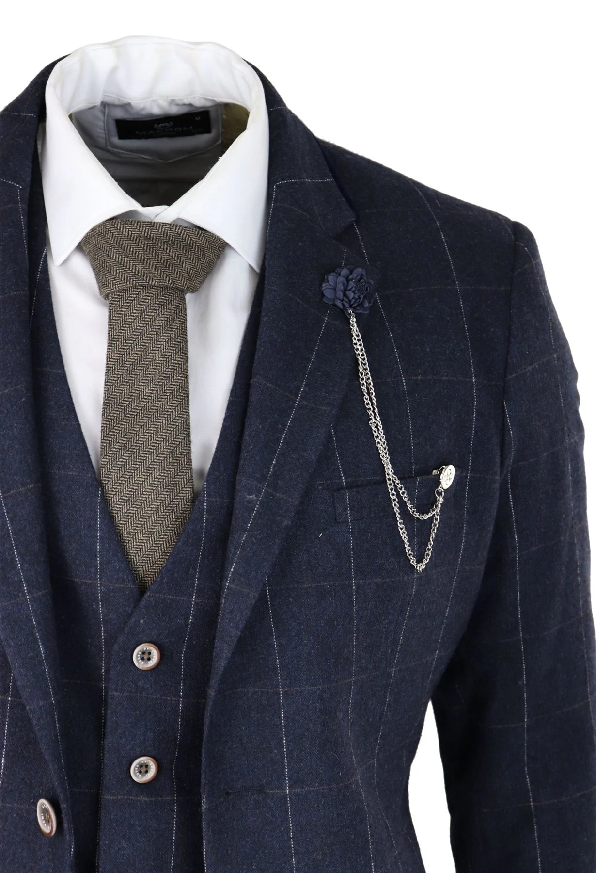 Marinblå rutig 3-delad kostym i ull, tweed, klassisk 1920-tals vintage, skräddarsydd passform, bröllop