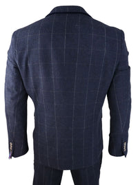 Marinblå rutig 3-delad kostym i ull, tweed, klassisk 1920-tals vintage, skräddarsydd passform, bröllop