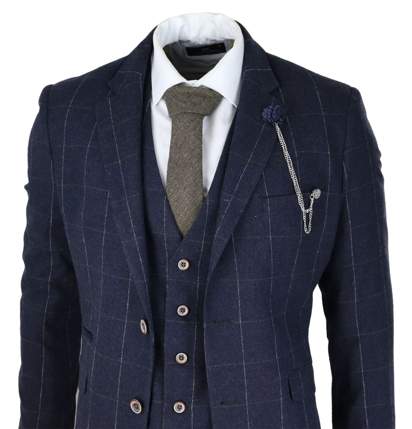 Marinblå rutig 3-delad kostym i ull, tweed, klassisk 1920-tals vintage, skräddarsydd passform, bröllop