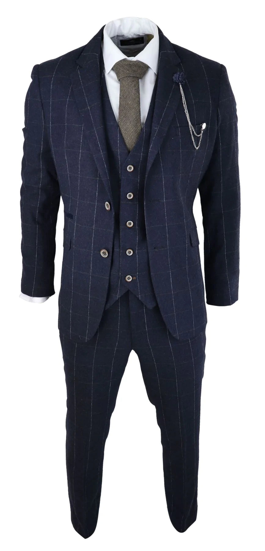 Marinblå rutig 3-delad kostym i ull, tweed, klassisk 1920-tals vintage, skräddarsydd passform, bröllop