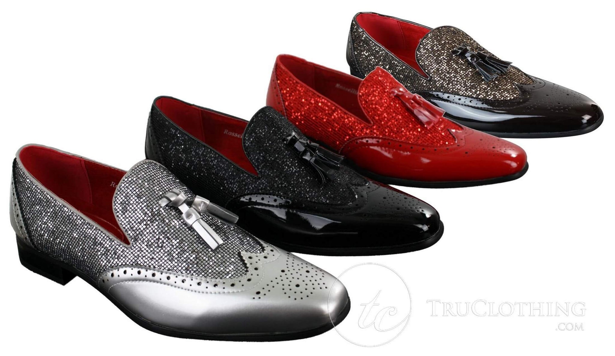 Eleganta Herrskor med Glänsande Tofsar Röda Silver Svarta Slip-On i Lackläder