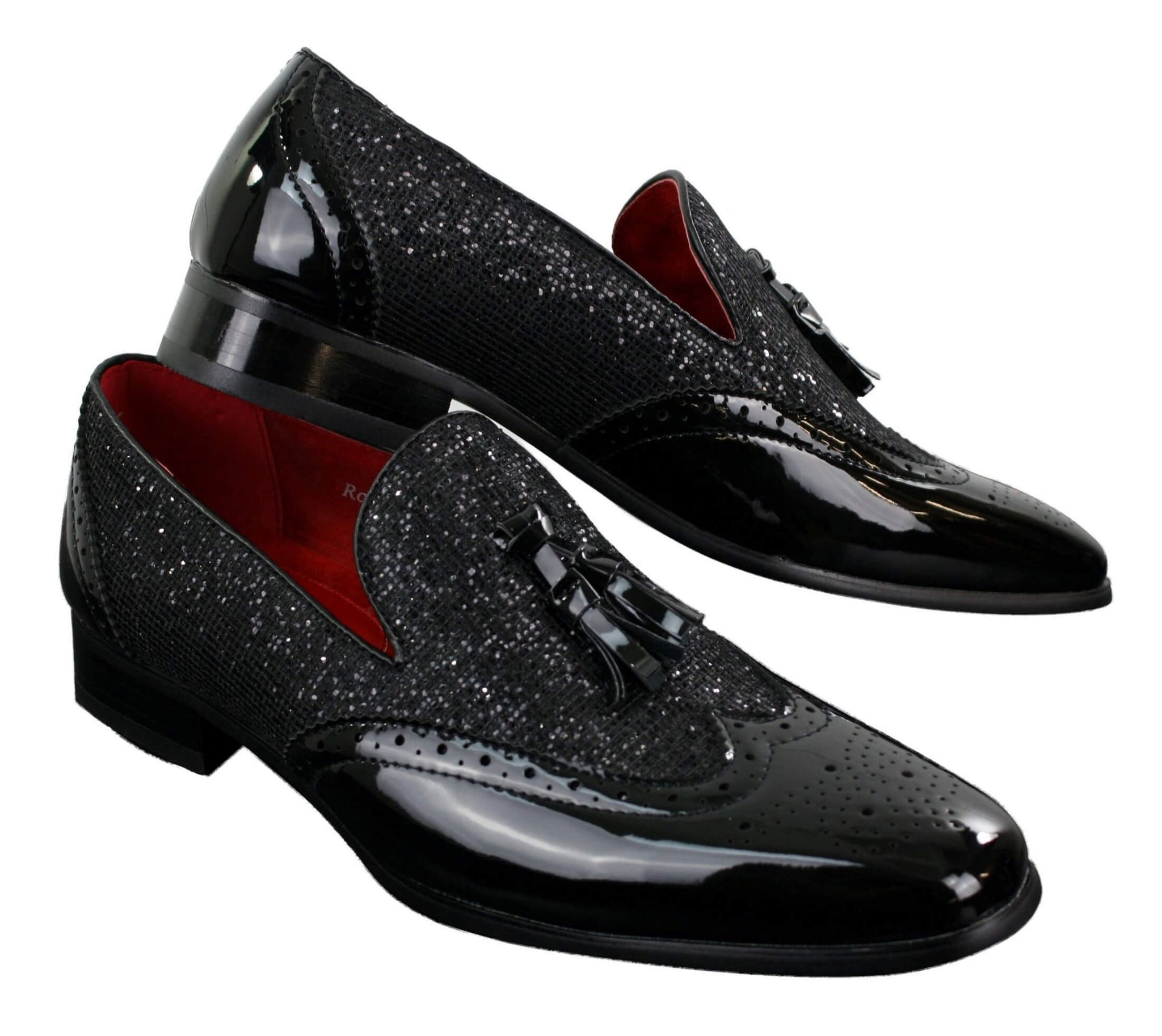Eleganta Herrskor med Glänsande Tofsar Röda Silver Svarta Slip-On i Lackläder