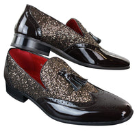 Eleganta Herrskor med Glänsande Tofsar Röda Silver Svarta Slip-On i Lackläder