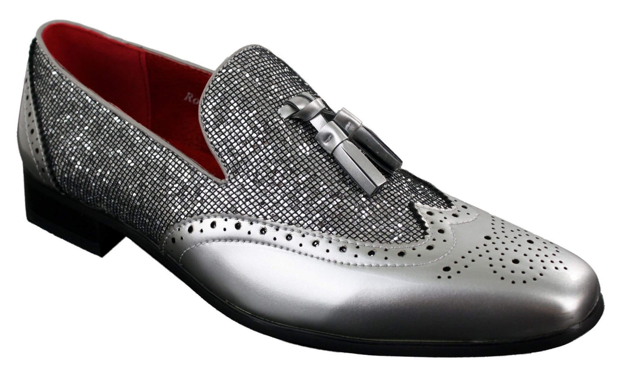 Eleganta Herrskor med Glänsande Tofsar Röda Silver Svarta Slip-On i Lackläder