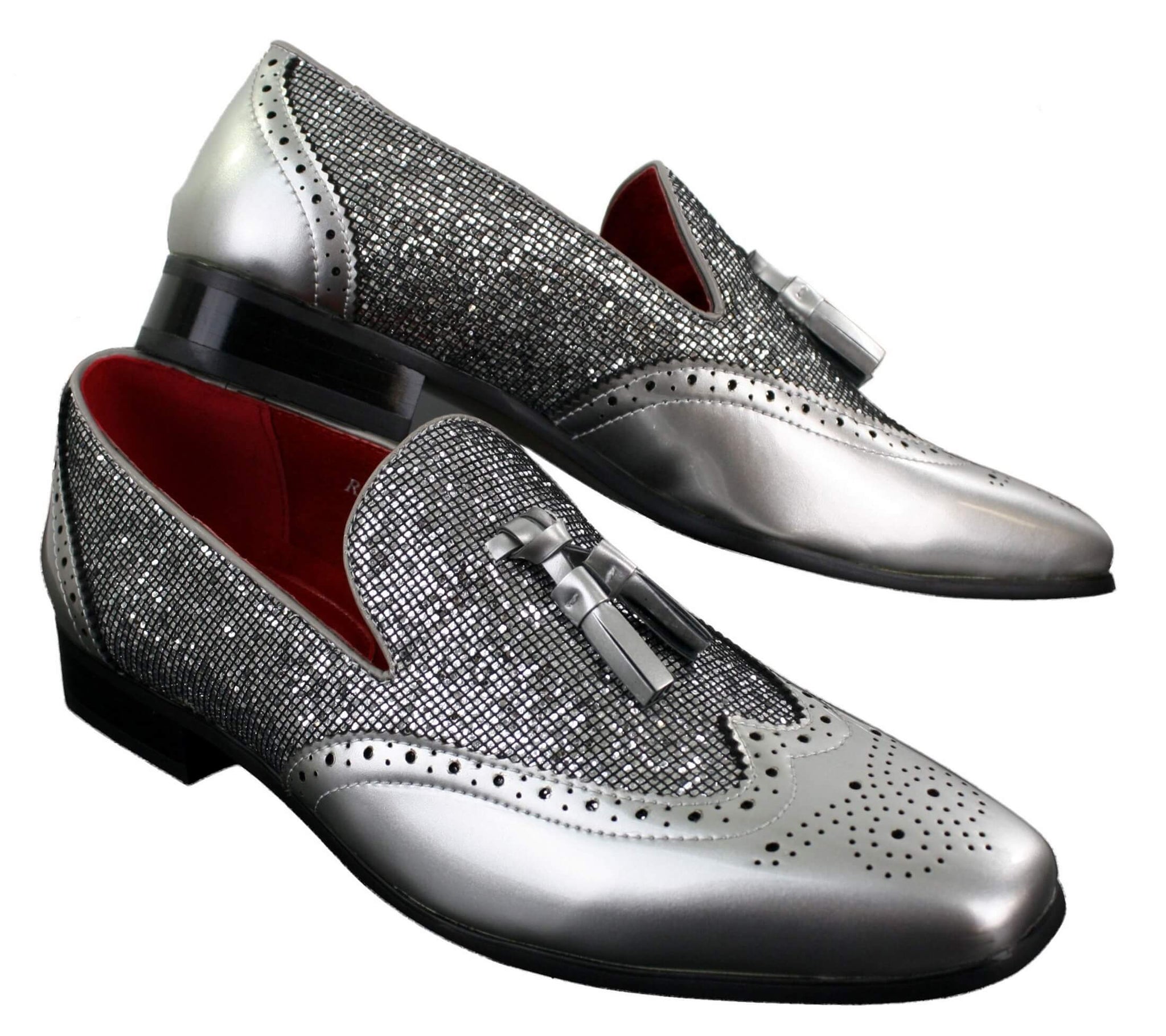 Eleganta Herrskor med Glänsande Tofsar Röda Silver Svarta Slip-On i Lackläder