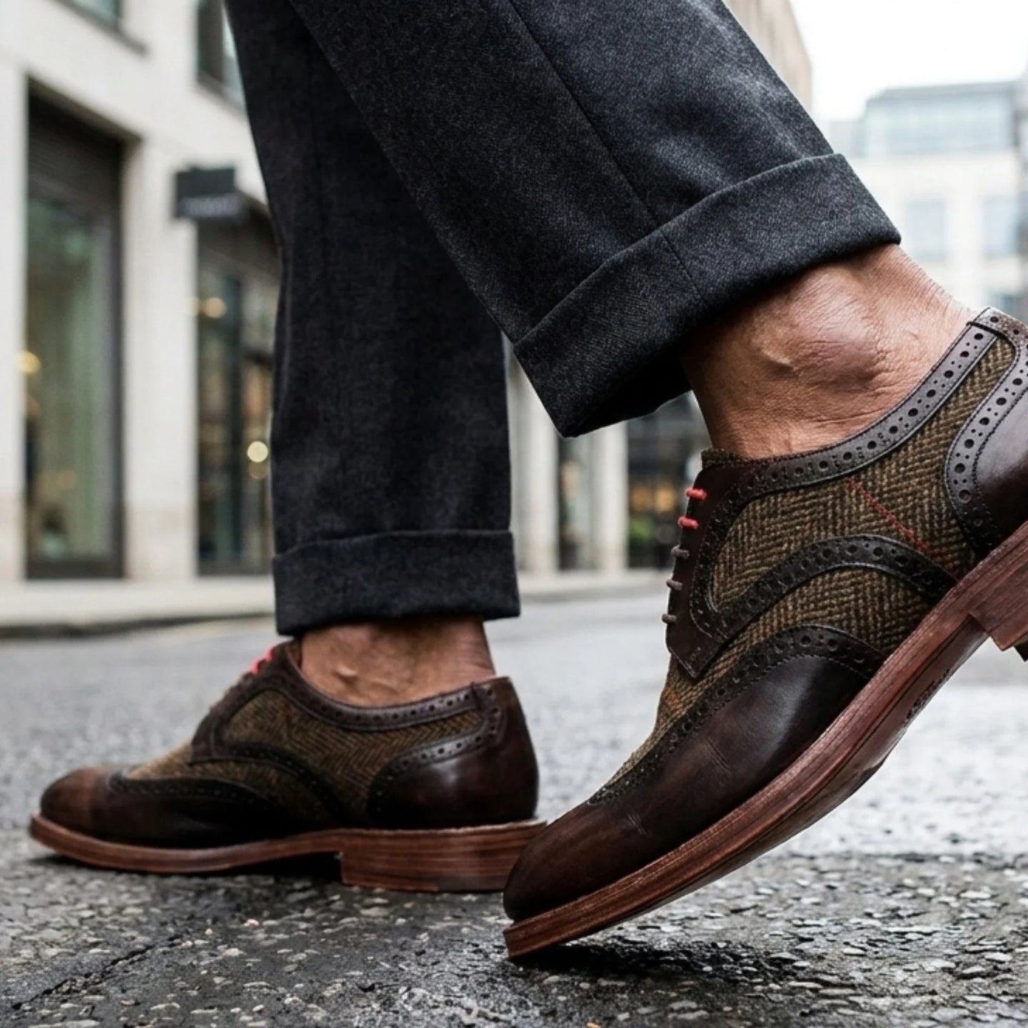Arlo - Herrskor i brunt läder i tweed, brogue-material