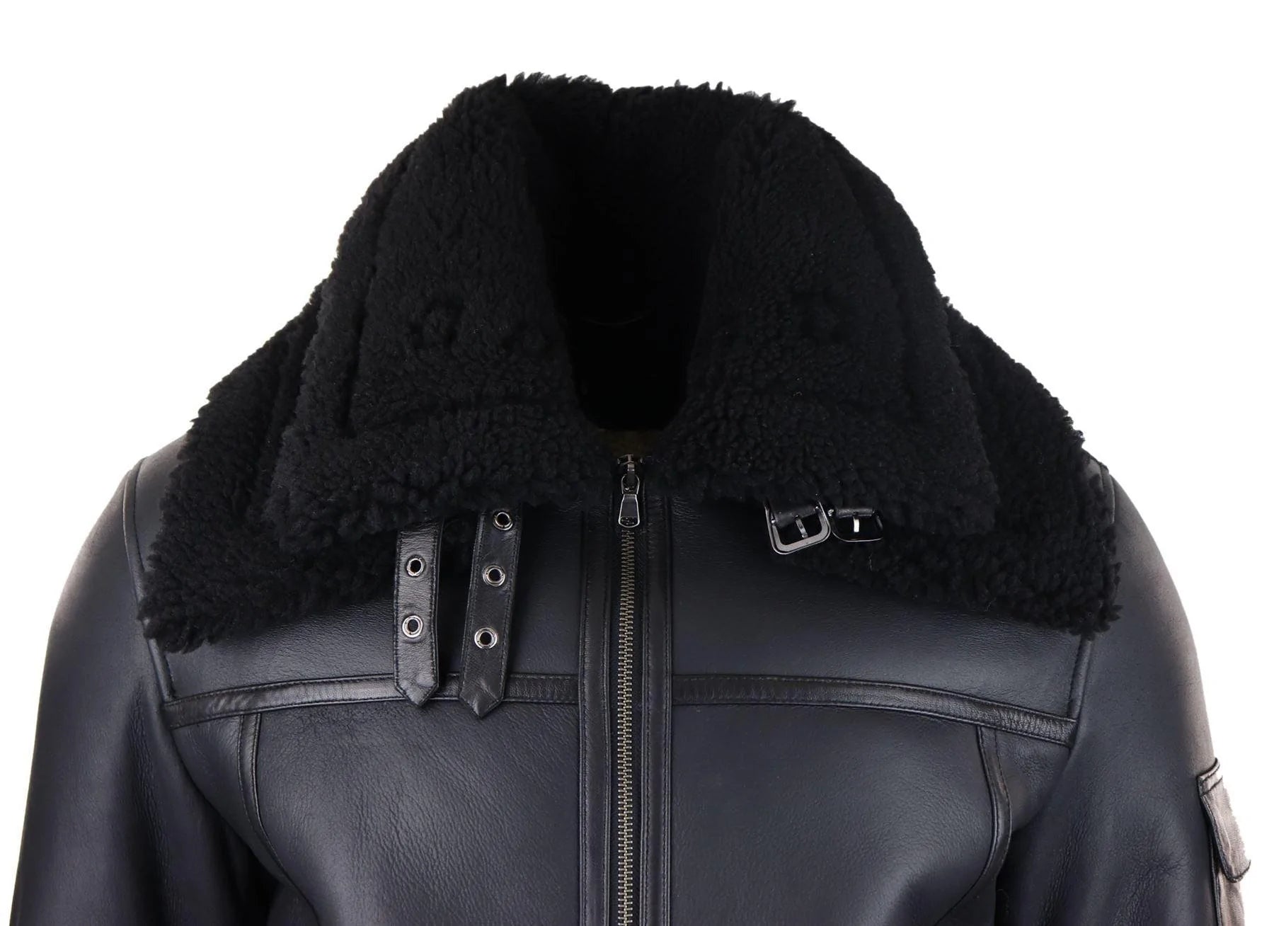 Herr Shearling Fårskinnskappa med Dragkedja Flygjacka Svart Vinter Varm Päls