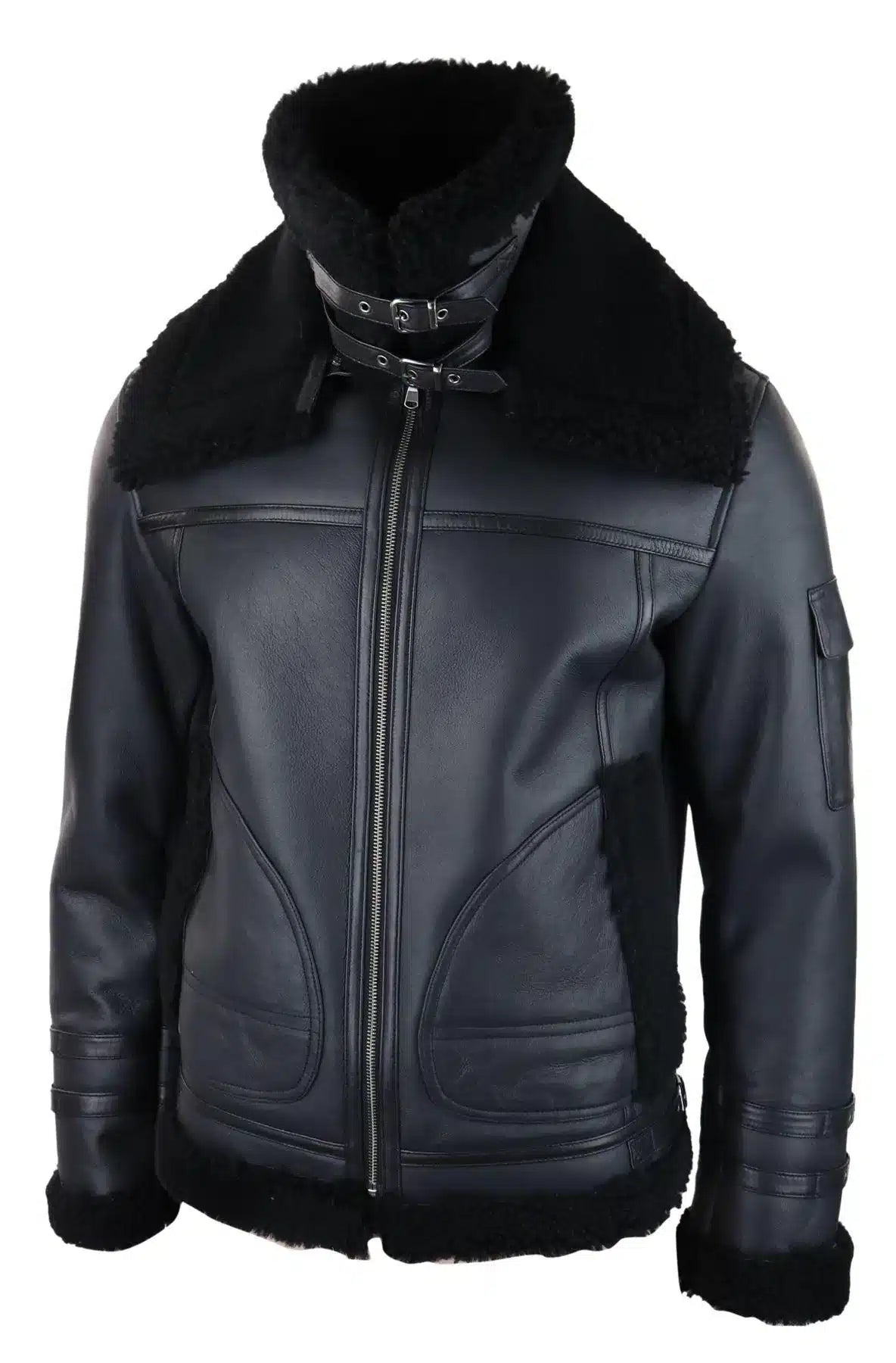 Herr Shearling Fårskinnskappa med Dragkedja Flygjacka Svart Vinter Varm Päls