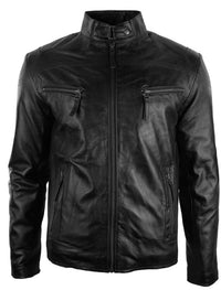 Herrjacka i äkta skinn, bikerstil, vintage, svart, dragkedja, fickor, casual, figurnära - svart