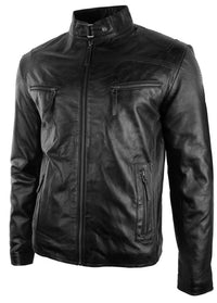 Herrjacka i äkta skinn, bikerstil, vintage, svart, dragkedja, fickor, casual, figurnära - svart