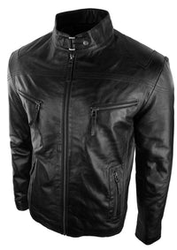 Herrjacka i äkta skinn, bikerstil, vintage, svart, dragkedja, fickor, casual, figurnära - svart