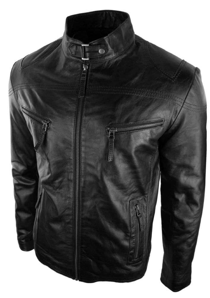 Herrjacka i äkta skinn, bikerstil, vintage, svart, dragkedja, fickor, casual, figurnära - svart