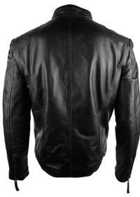 Herrjacka i äkta skinn, bikerstil, vintage, svart, dragkedja, fickor, casual, figurnära - svart
