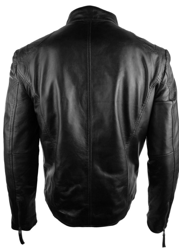 Herrjacka i äkta skinn, bikerstil, vintage, svart, dragkedja, fickor, casual, figurnära - svart