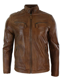 Äkta Läderjacka i Bikerstil, Vintage, Svart, Dragkedja, Fickor, Casual, Figursydd för Herrar - Brun