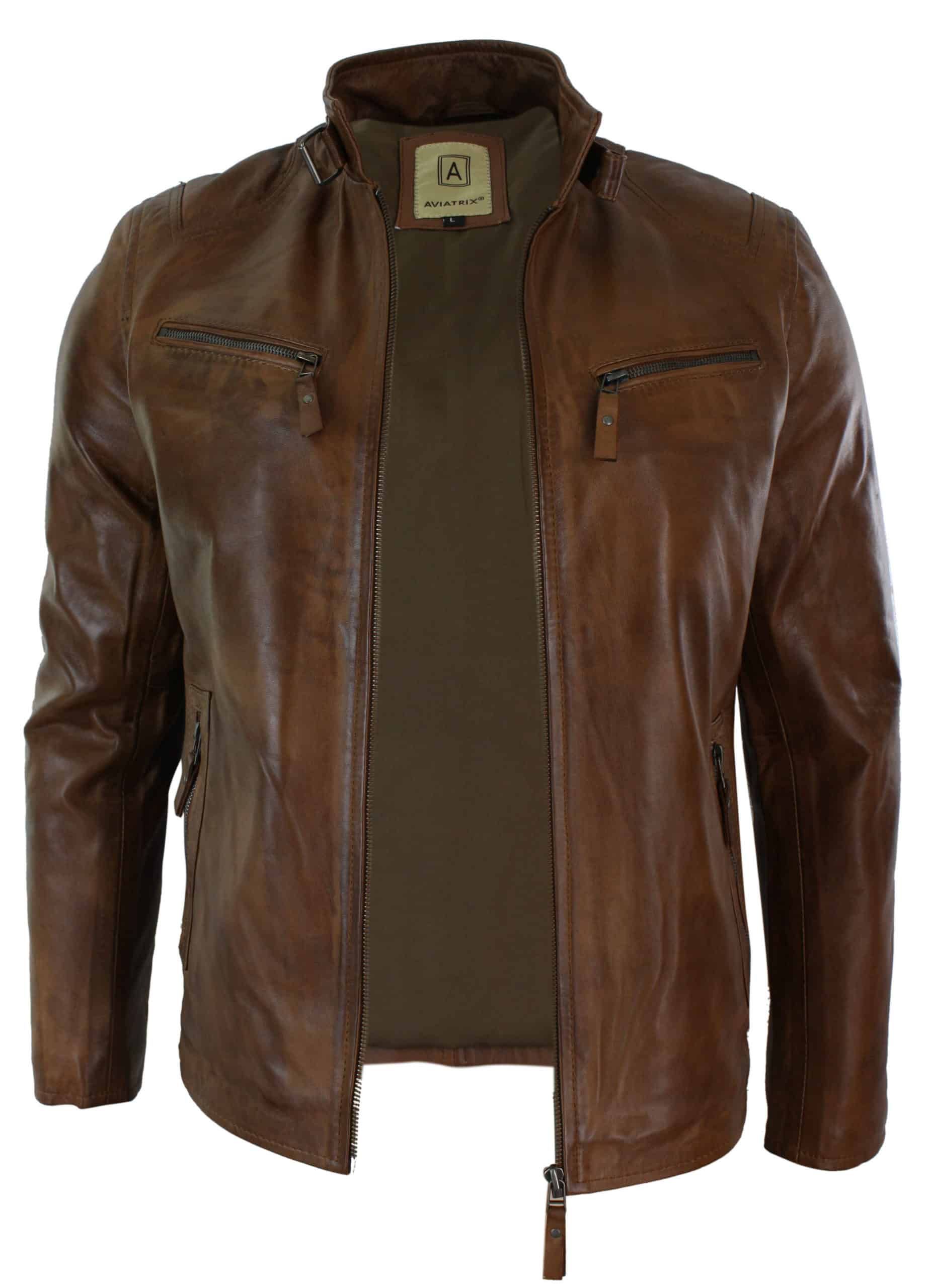 Äkta Läderjacka i Bikerstil, Vintage, Svart, Dragkedja, Fickor, Casual, Figursydd för Herrar - Brun