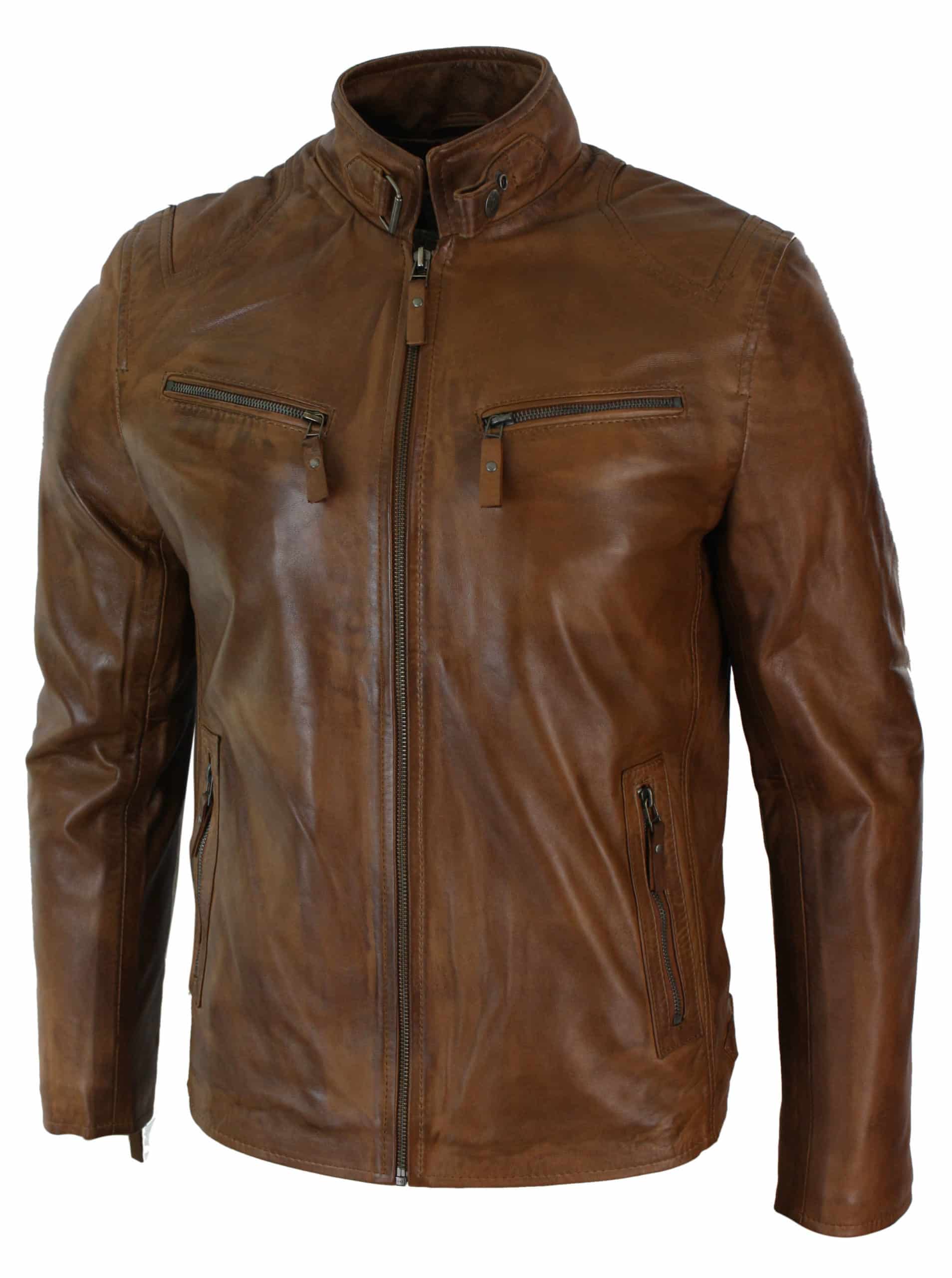 Äkta Läderjacka i Bikerstil, Vintage, Svart, Dragkedja, Fickor, Casual, Figursydd för Herrar - Brun