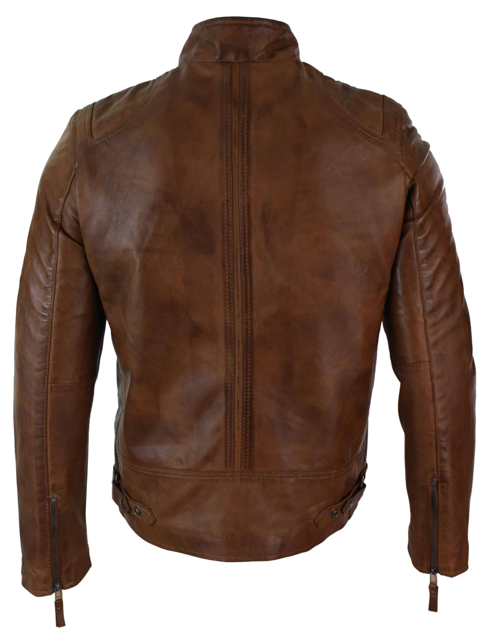 Äkta Läderjacka i Bikerstil, Vintage, Svart, Dragkedja, Fickor, Casual, Figursydd för Herrar - Brun