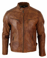 Äkta tvättat läder Slim Fit Retro Style Dragkedja Herr Bikerjacka Brun Blå Urban-Nevada Timber