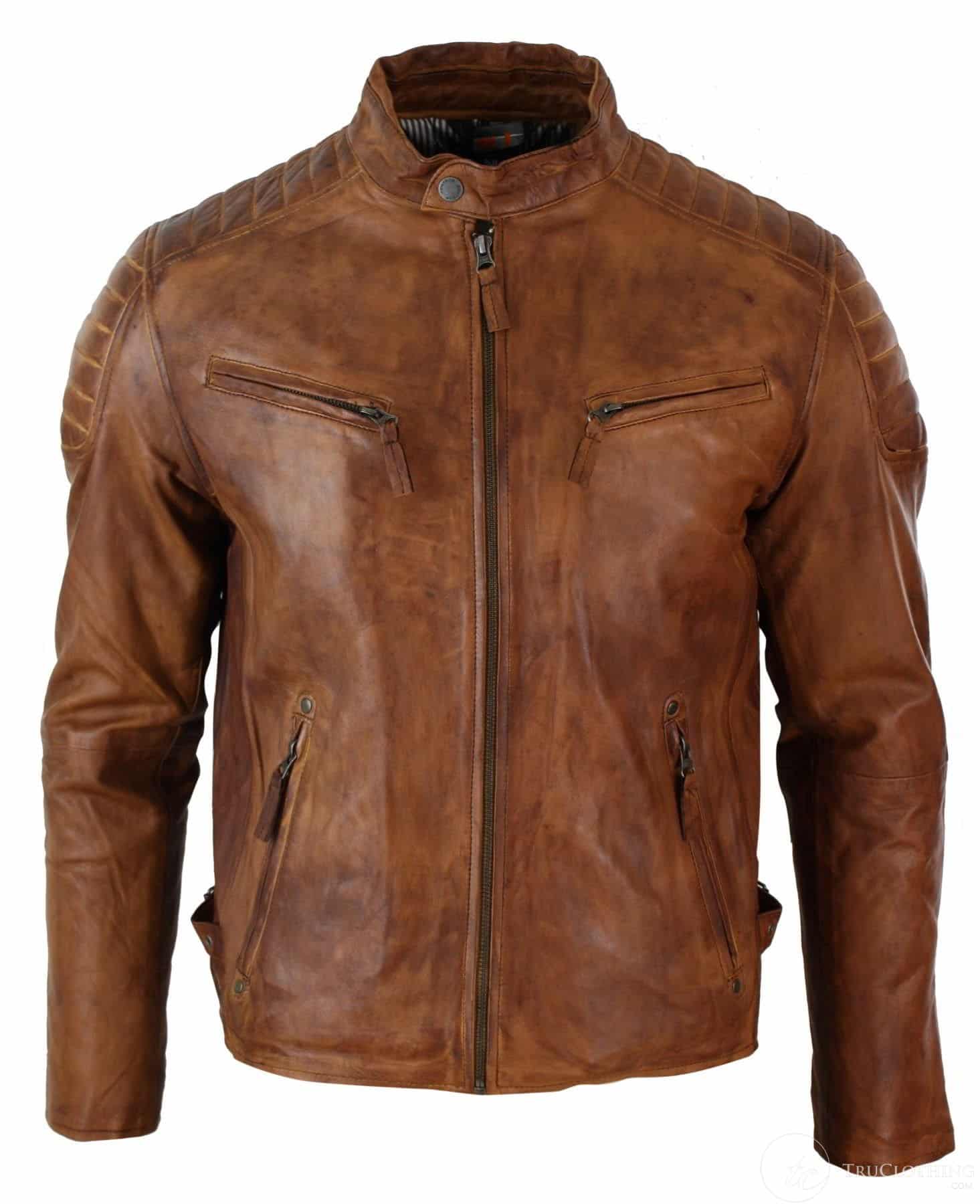 Äkta tvättat läder Slim Fit Retro Style Dragkedja Herr Bikerjacka Brun Blå Urban-Nevada Timber