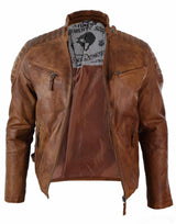 Äkta tvättat läder Slim Fit Retro Style Dragkedja Herr Bikerjacka Brun Blå Urban-Nevada Timber