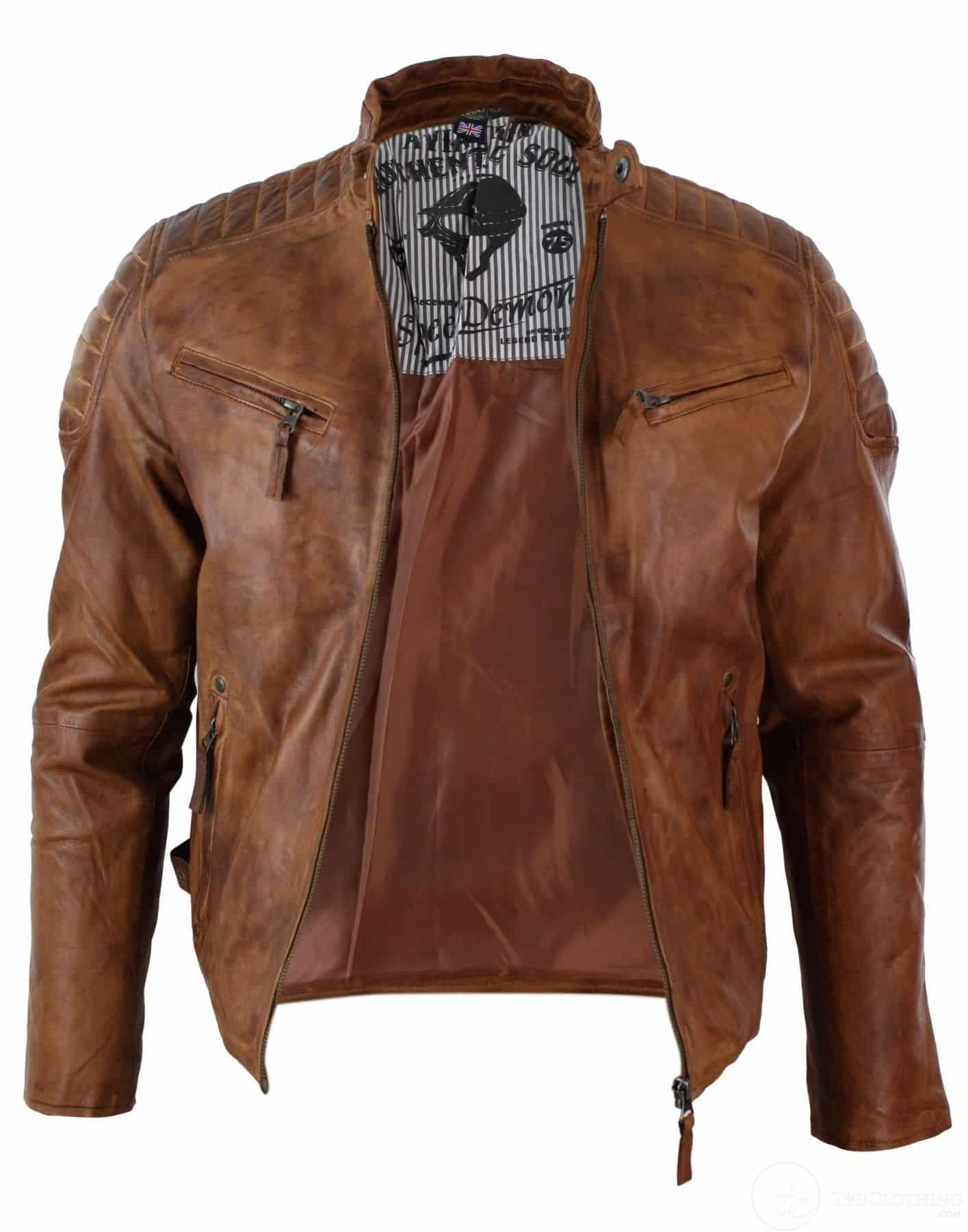 Äkta tvättat läder Slim Fit Retro Style Dragkedja Herr Bikerjacka Brun Blå Urban-Nevada Timber