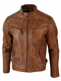 Äkta tvättat läder Slim Fit Retro Style Dragkedja Herr Bikerjacka Brun Blå Urban-Nevada Timber