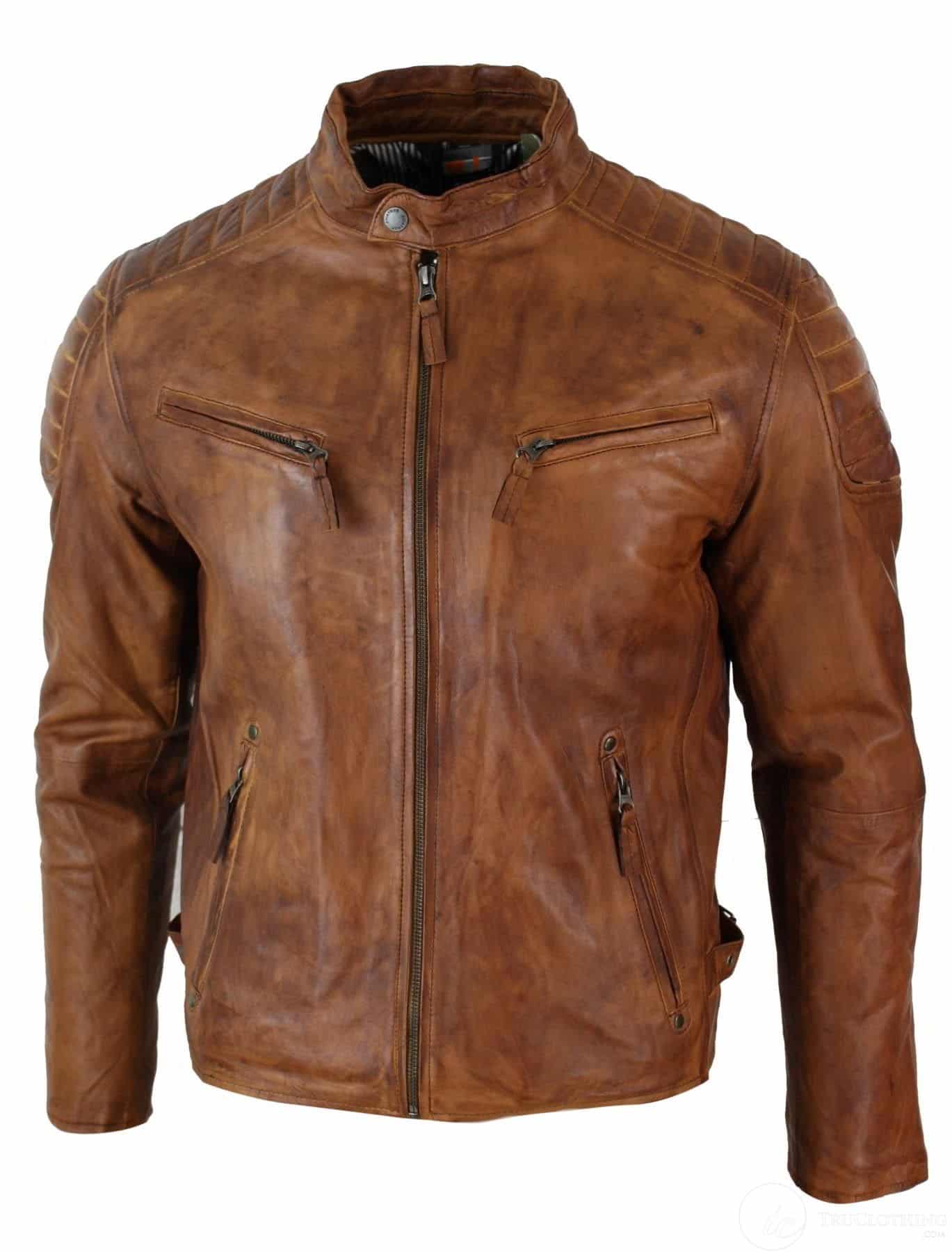 Äkta tvättat läder Slim Fit Retro Style Dragkedja Herr Bikerjacka Brun Blå Urban-Nevada Timber