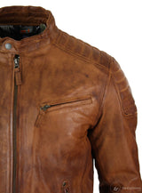 Äkta tvättat läder Slim Fit Retro Style Dragkedja Herr Bikerjacka Brun Blå Urban-Nevada Timber