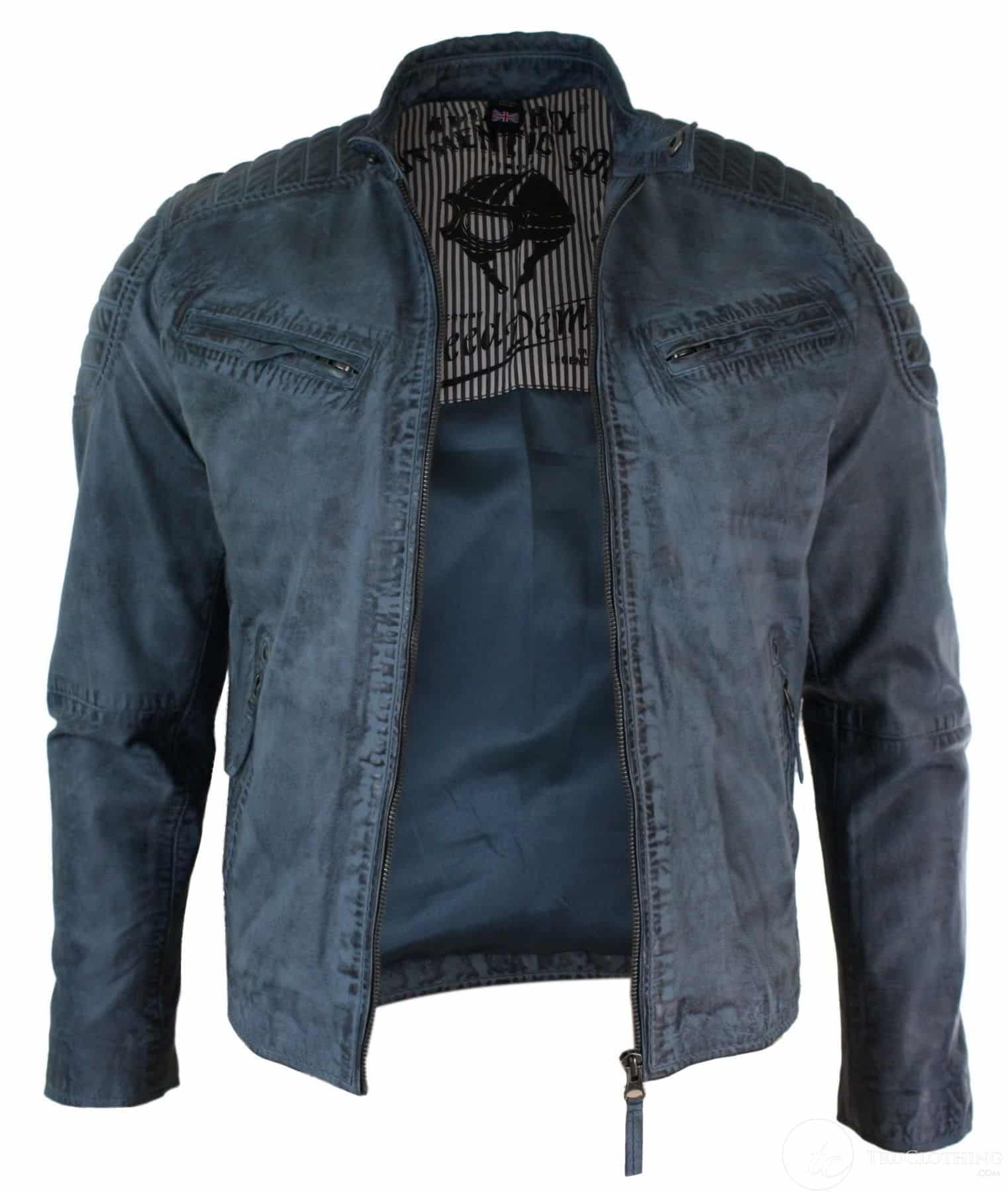Äkta tvättat läder slim fit retrostil med dragkedja herr bikerjacka brunblå urban-zulublå