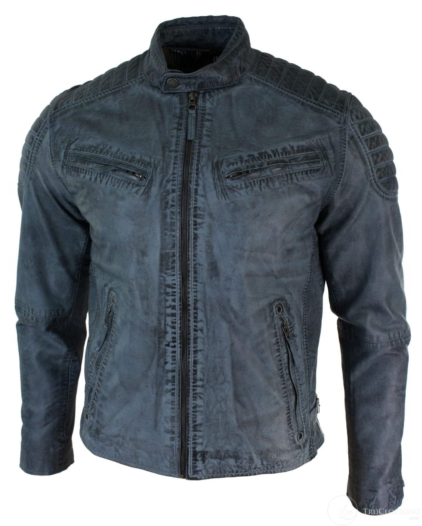 Äkta tvättat läder slim fit retrostil med dragkedja herr bikerjacka brunblå urban-zulublå