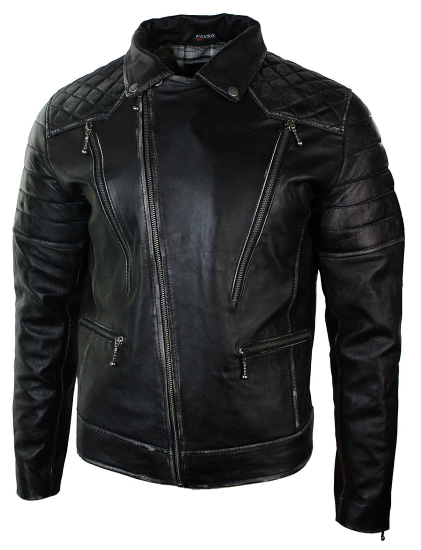 Äkta Läder Punk Rock Cross Zip Herr Bikerjacka Vintage Retro Effekt