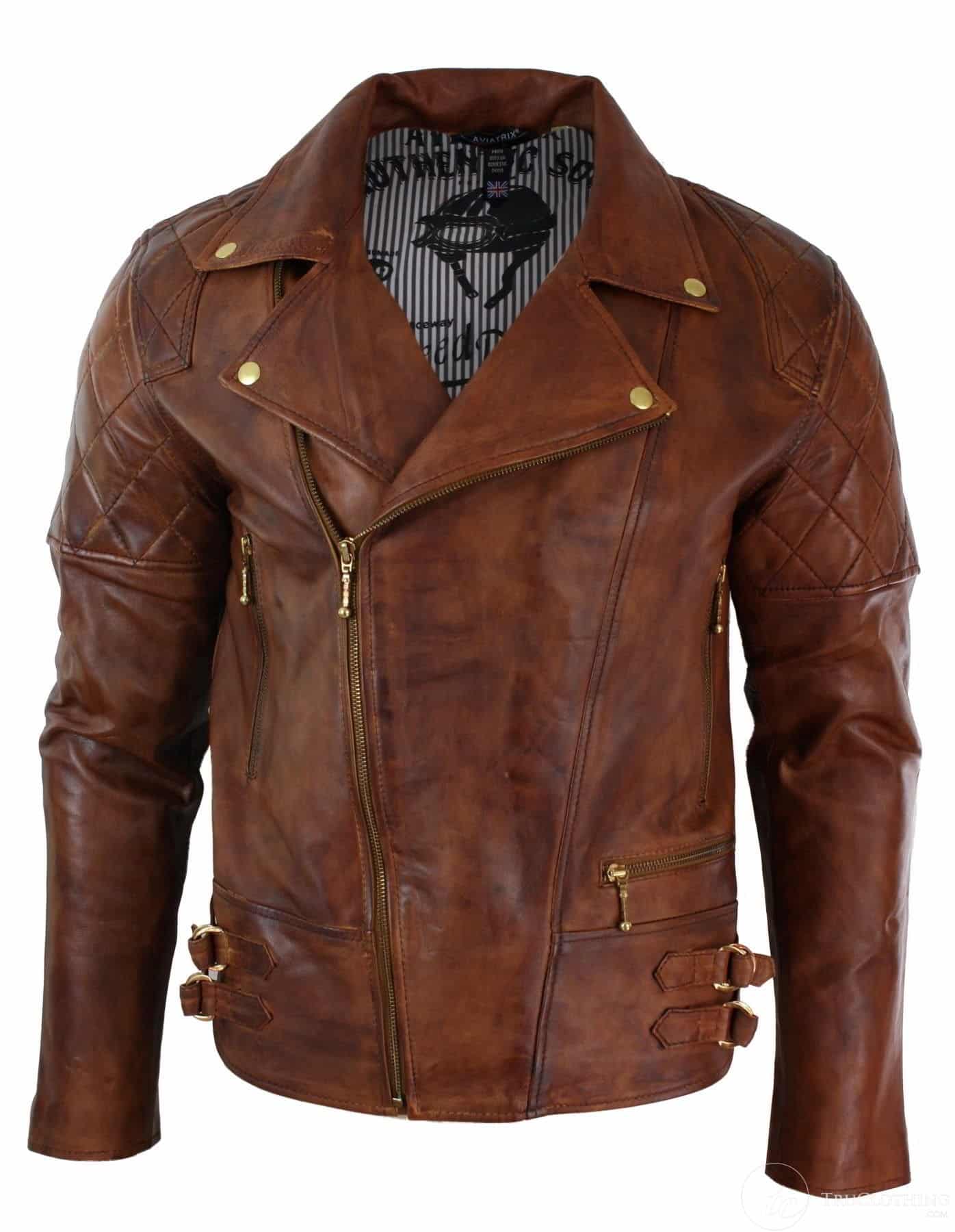 Äkta Läder Slim Fit Cross Dragkedja Retro Vintage Brun Biker Punk Rock Herrjacka-Nevada Timber