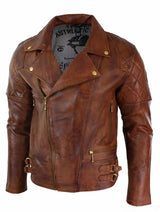 Äkta Läder Slim Fit Cross Dragkedja Retro Vintage Brun Biker Punk Rock Herrjacka-Nevada Timber