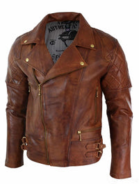 Äkta Läder Slim Fit Cross Dragkedja Retro Vintage Brun Biker Punk Rock Herrjacka-Nevada Timber