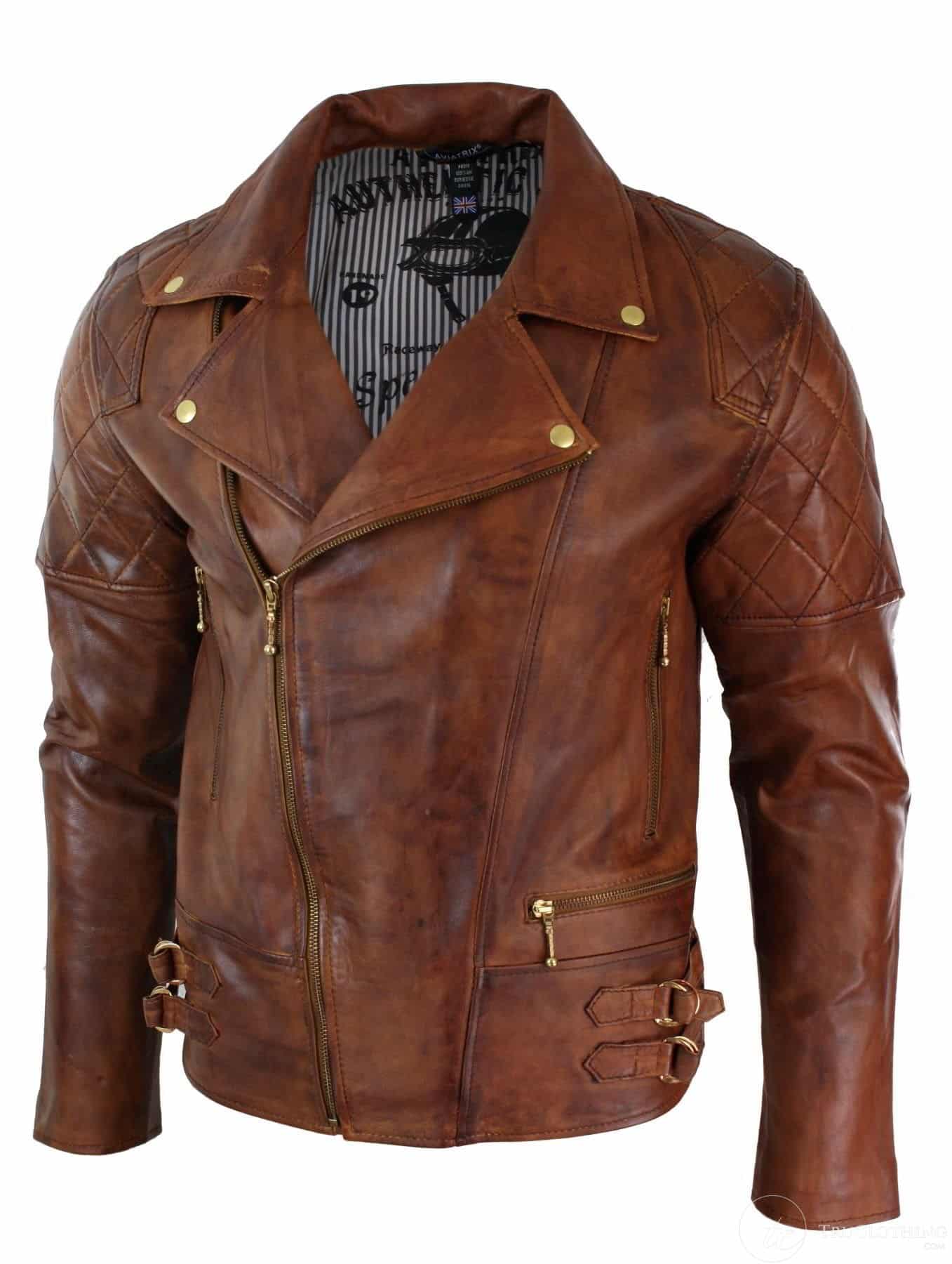 Äkta Läder Slim Fit Cross Dragkedja Retro Vintage Brun Biker Punk Rock Herrjacka-Nevada Timber