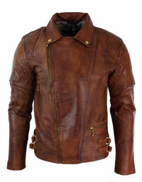 Äkta Läder Slim Fit Cross Dragkedja Retro Vintage Brun Biker Punk Rock Herrjacka-Nevada Timber