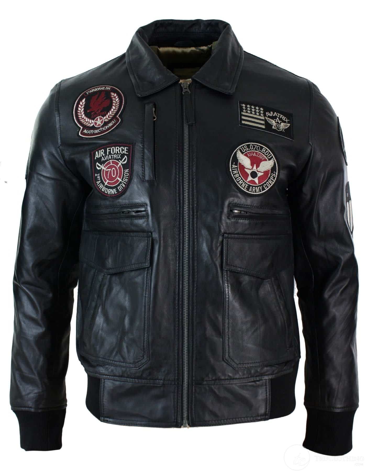 Herrjacka med Bomber-märke i äkta läder, svart, med pilotmotiv - Svart