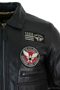 Herrjacka med Bomber-märke i äkta läder, svart, med pilotmotiv - Svart