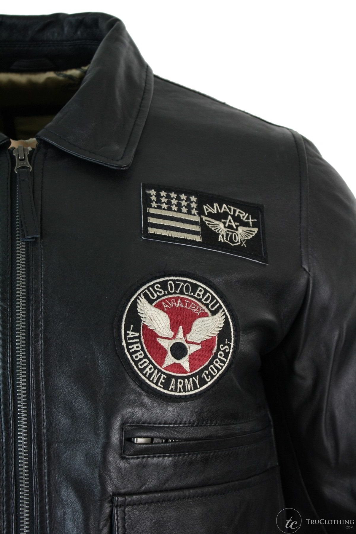Herrjacka med Bomber-märke i äkta läder, svart, med pilotmotiv - Svart